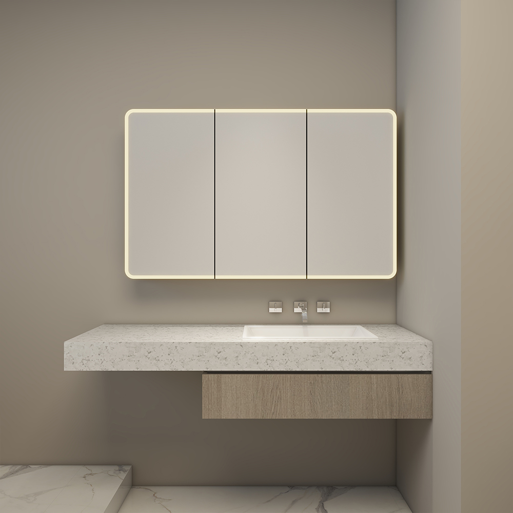 Three Doors Medicine Cabinet With Halo Lighted On Mirror Face
