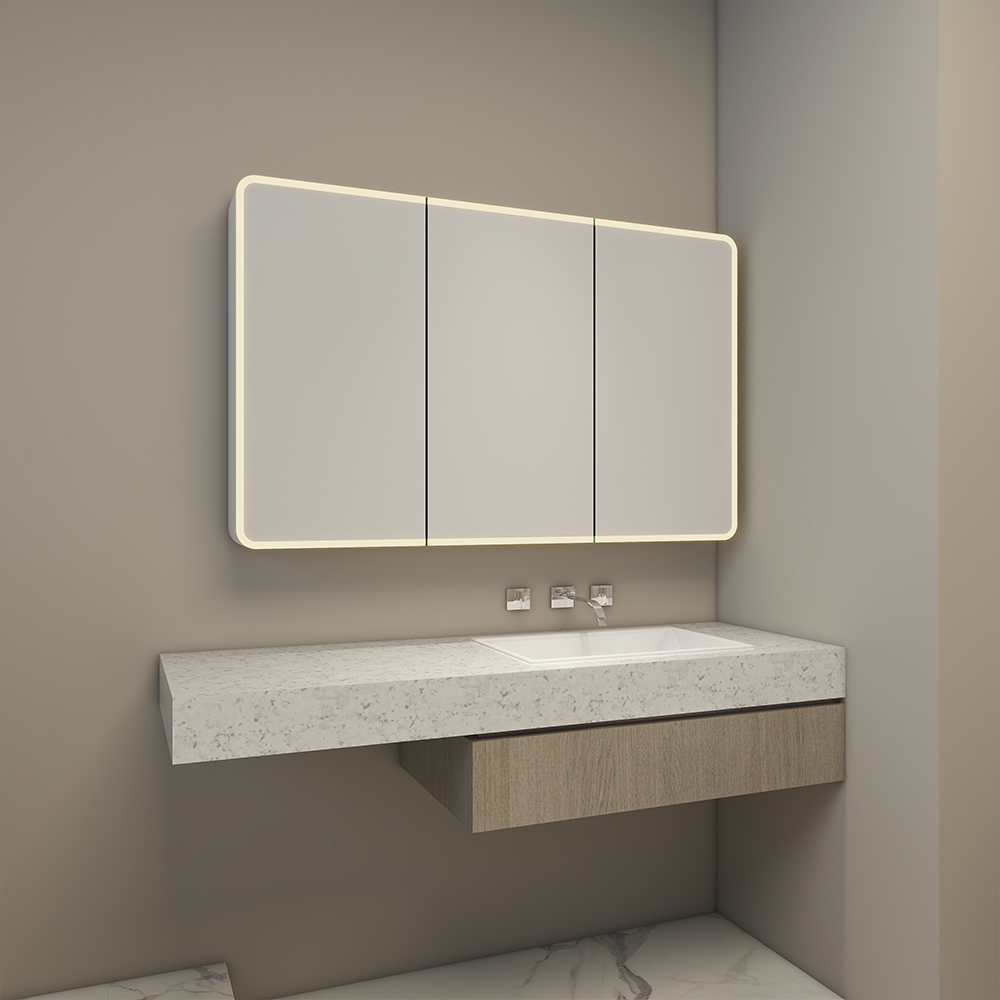 Three Doors Medicine Cabinet With Halo Lighted On Mirror Face