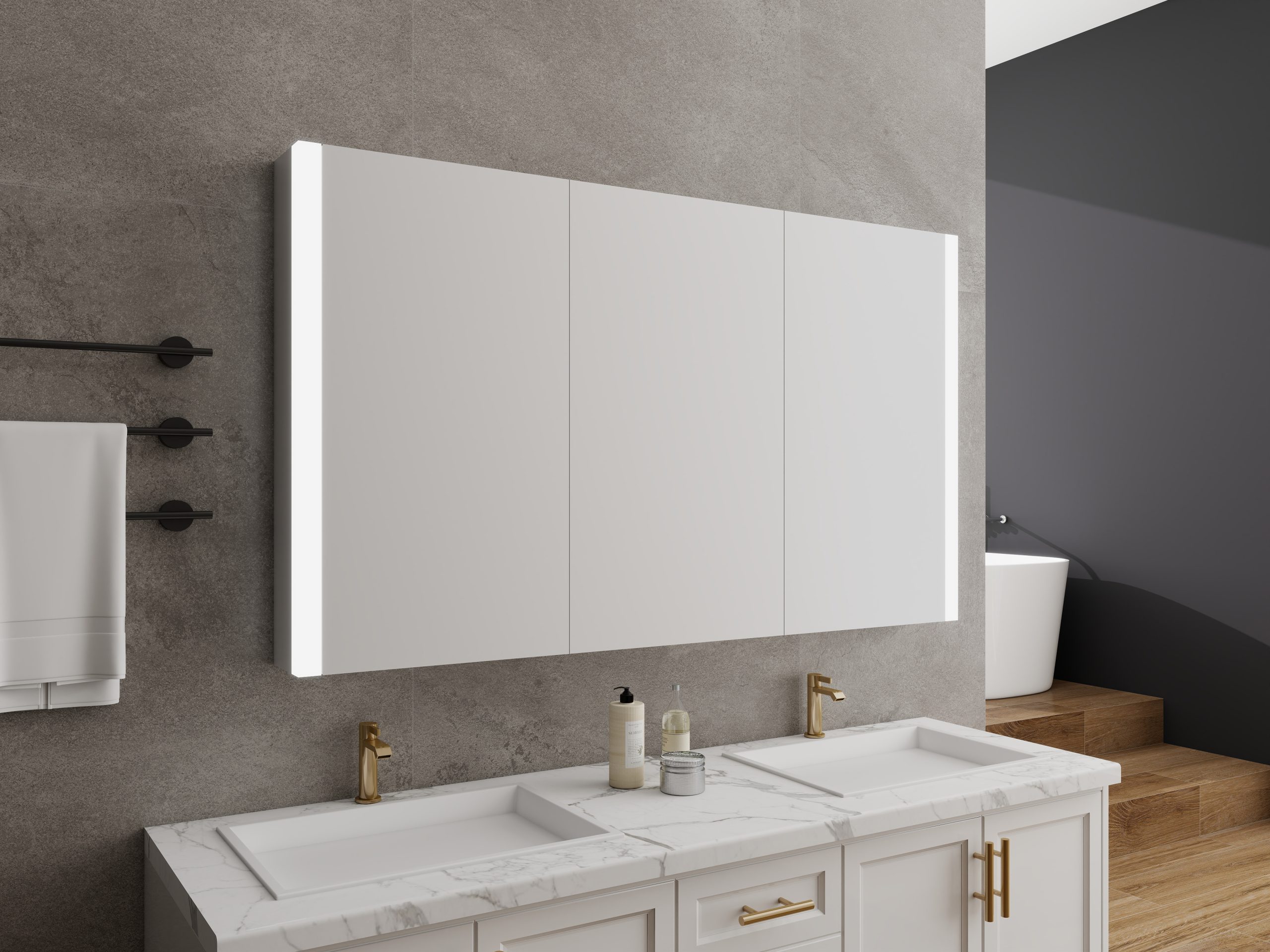 Modern Wooden Triple Door Bathroom Mirror Cabinet