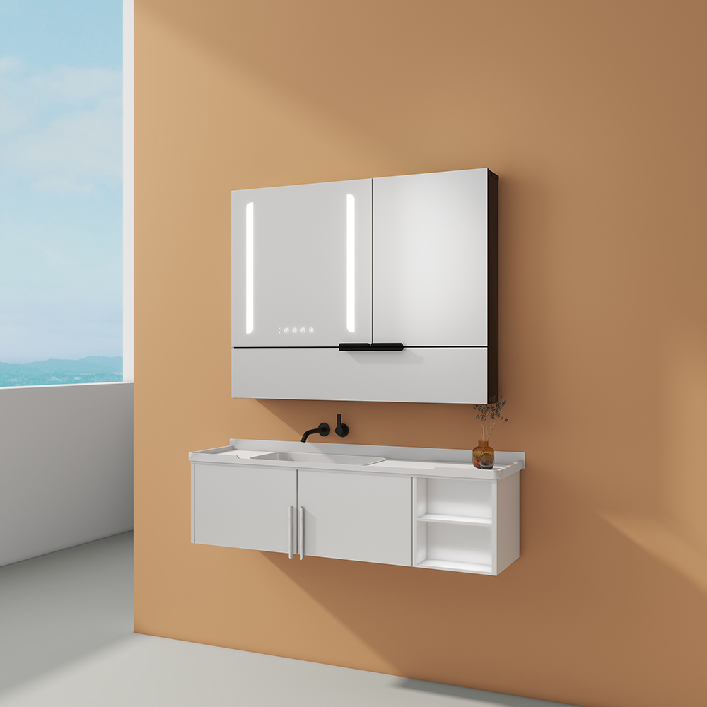 Tow Doors Mirror Cabinet With Flip-Down Compartment