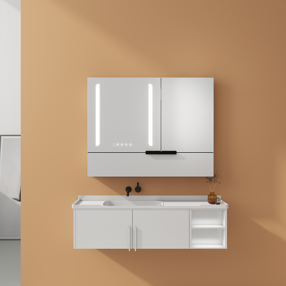 Tow Doors Mirror Cabinet With Flip-Down Compartment