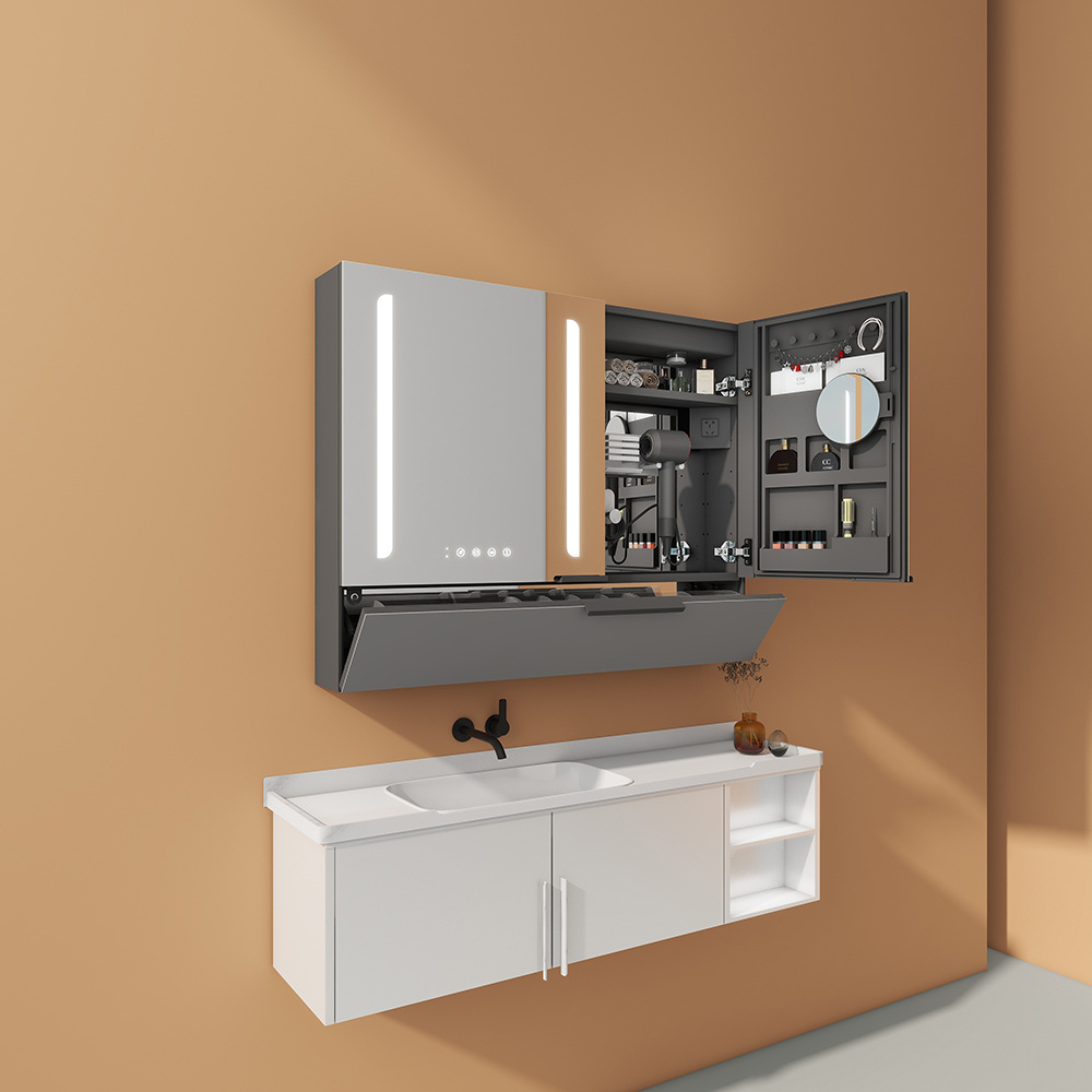 Tow Doors Mirror Cabinet With Flip-Down Compartment