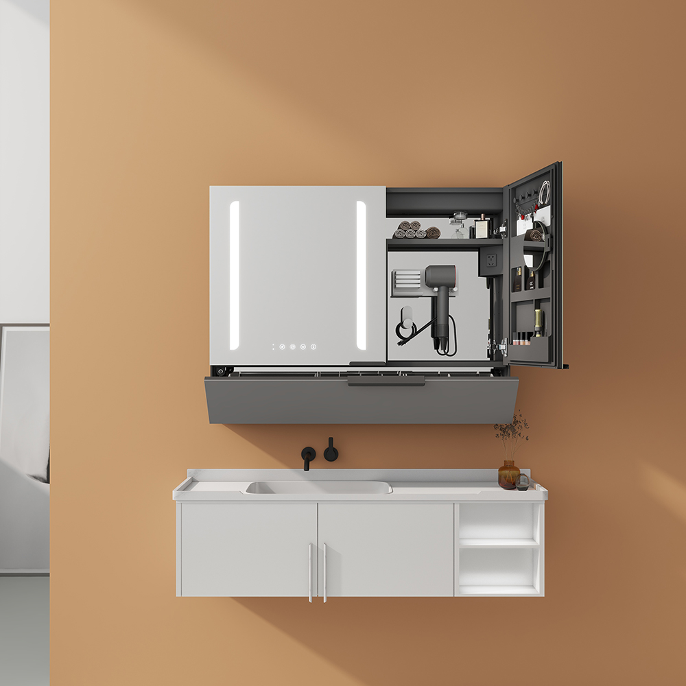 Tow Doors Mirror Cabinet With Flip-Down Compartment