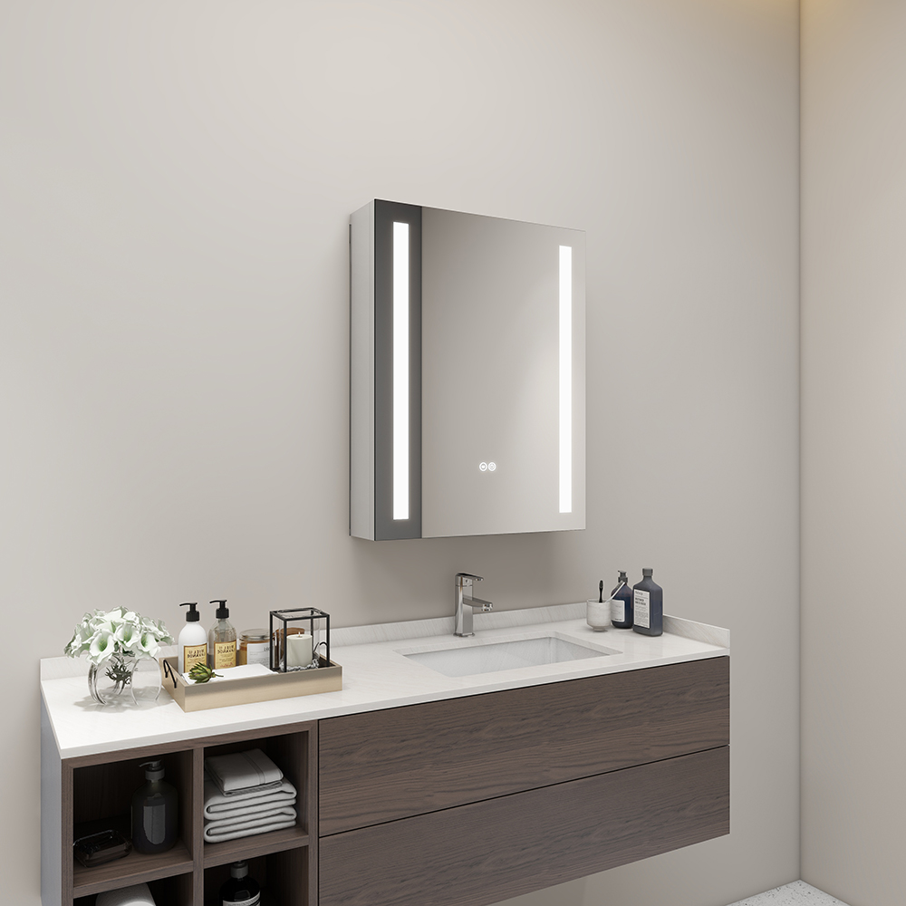 Dimmable Single Door Mirror Cabinet with LED Lighting and Storage
