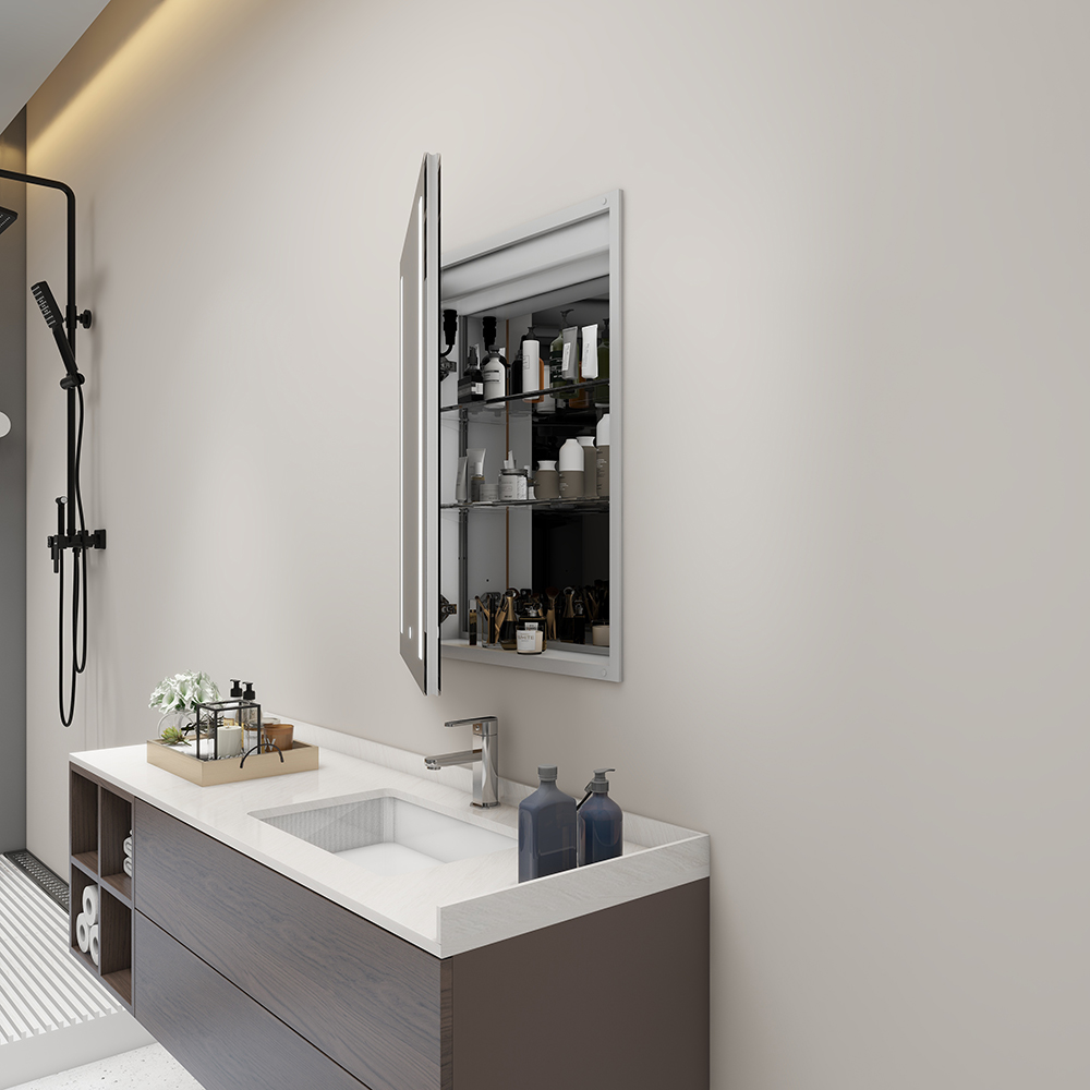 Dimmable Single Door Mirror Cabinet with LED Lighting and Storage