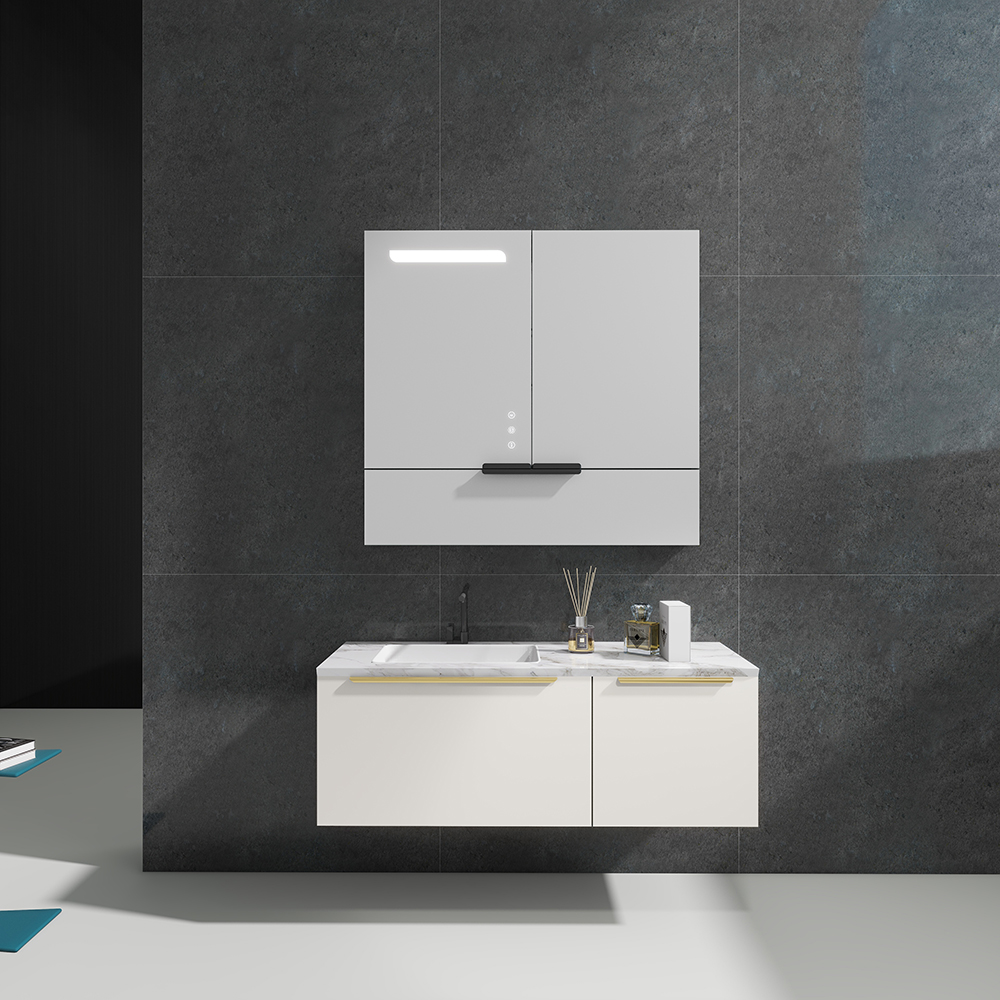 Double Doors Mirror Cabinet with Touch Controls and Flip-Down Storage