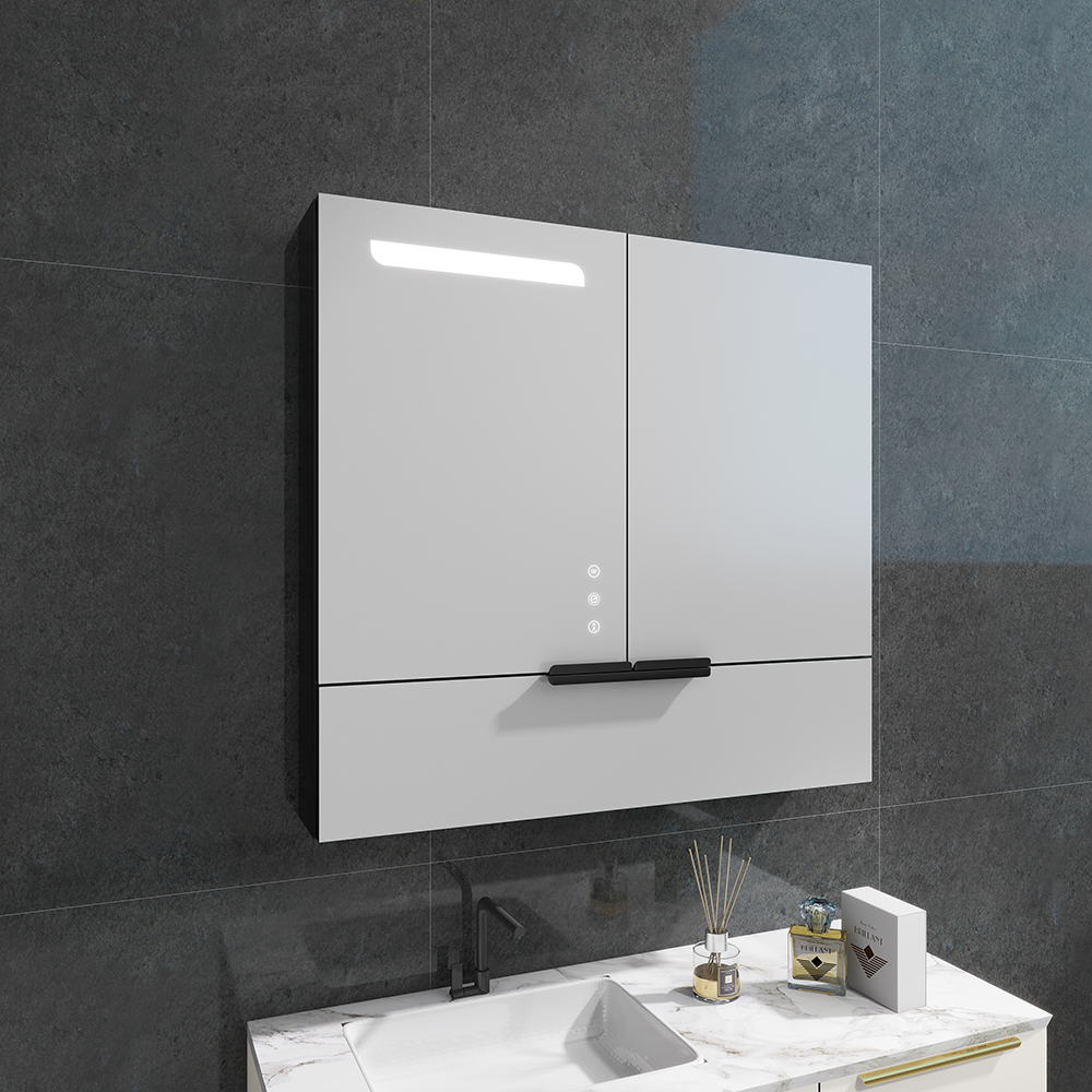 Double Doors Mirror Cabinet with Touch Controls and Flip-Down Storage