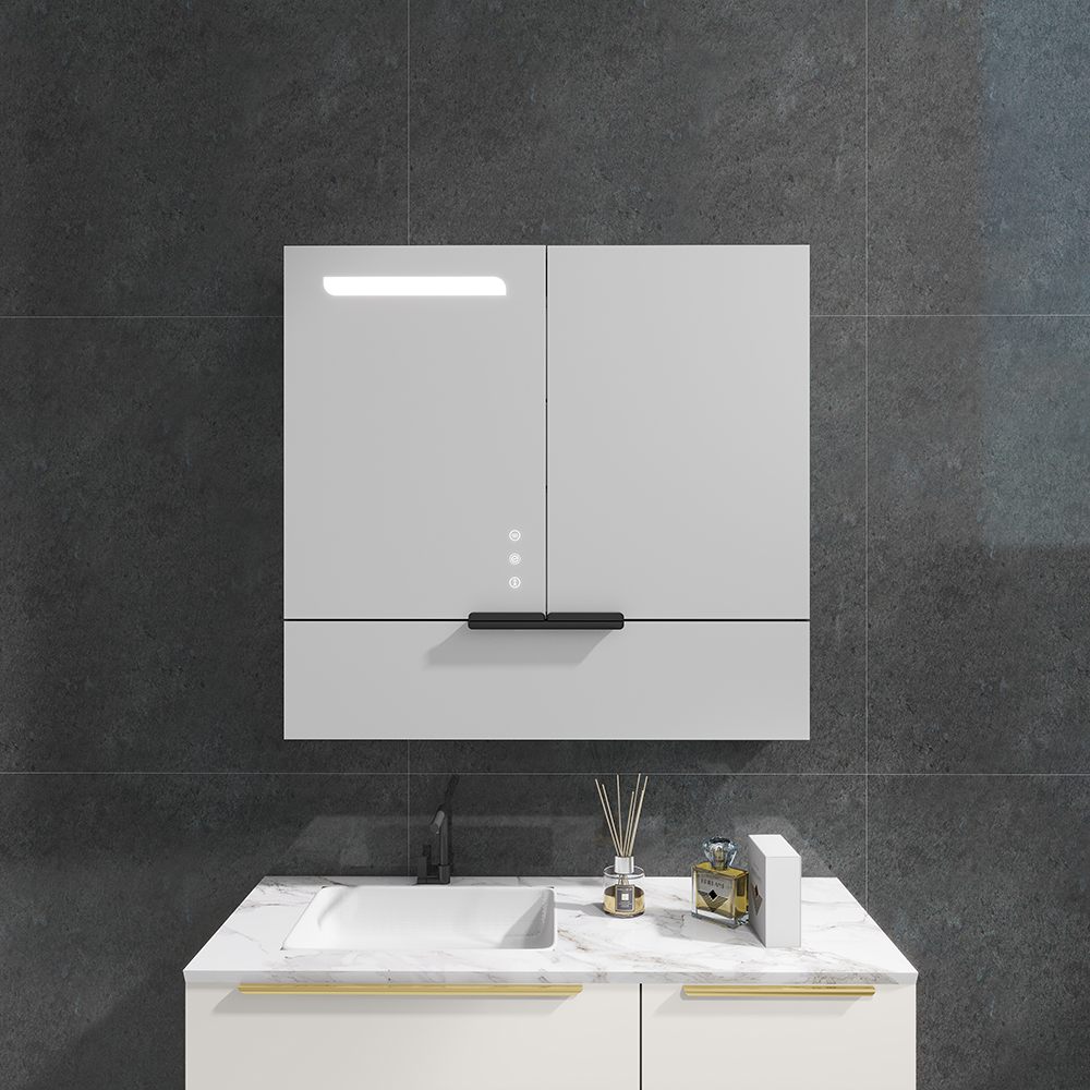 Double Doors Mirror Cabinet with Touch Controls and Flip-Down Storage