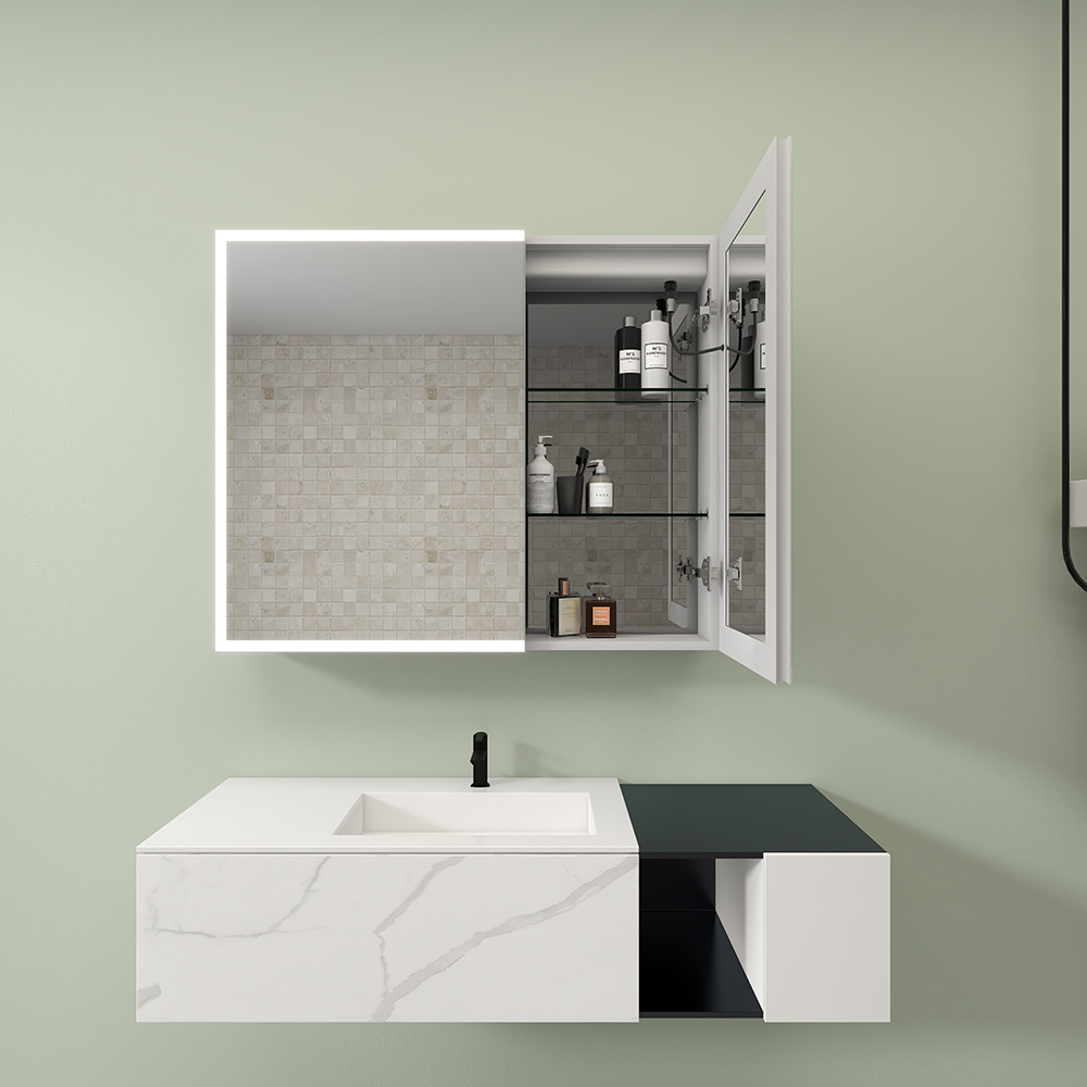 Slim Recessed Double-Door Mirror Cabinet with Full-Surround Acrylic Light
