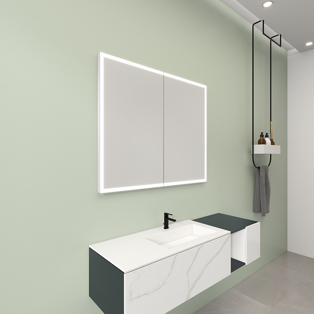 Slim Recessed Double-Door Mirror Cabinet with Full-Surround Acrylic Light