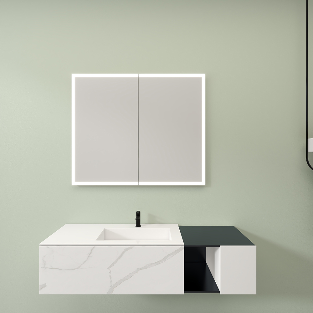 Slim Recessed Double-Door Mirror Cabinet with Full-Surround Acrylic Light
