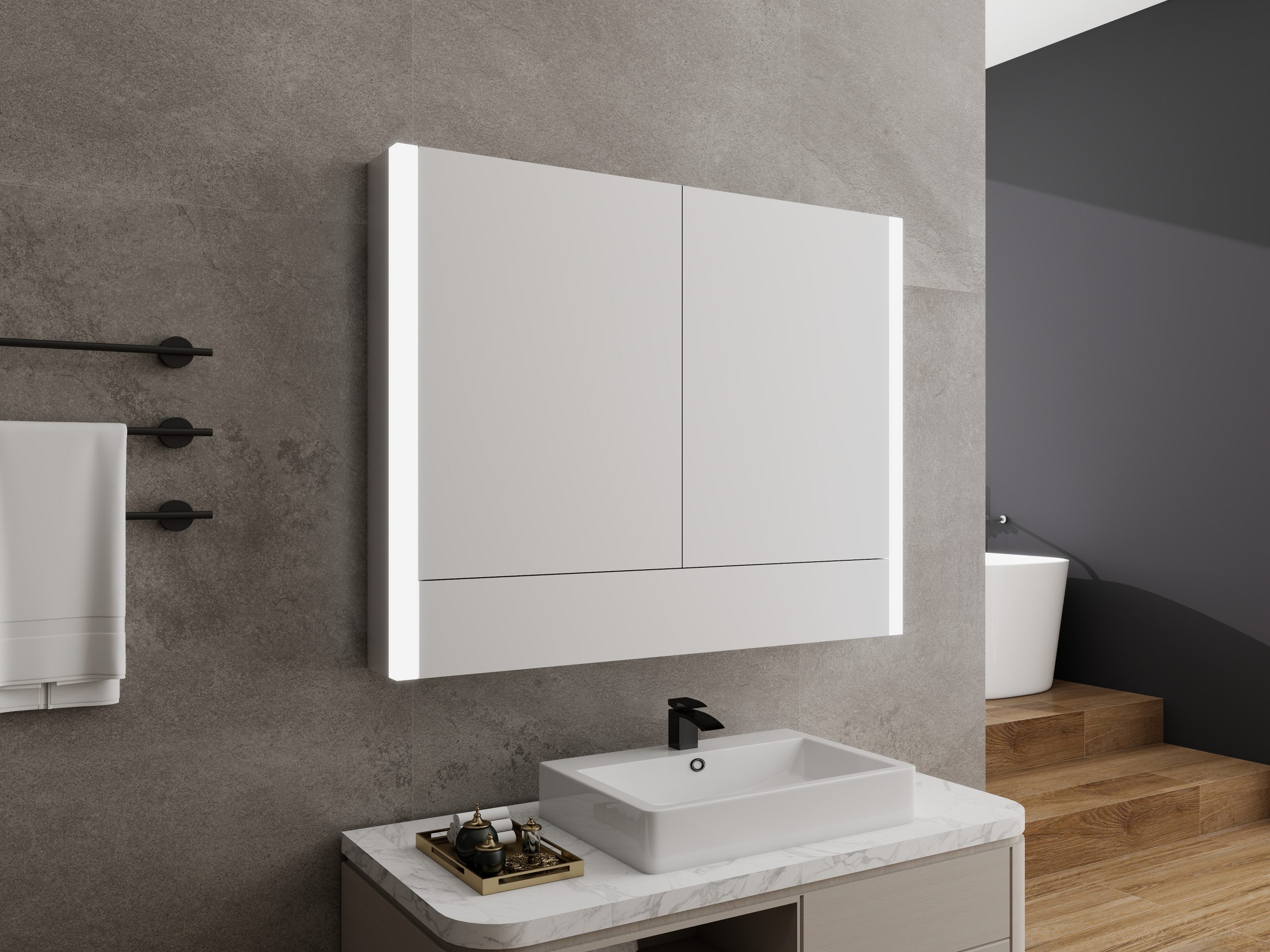 Wooden Frame Double Door Mirror Cabinet