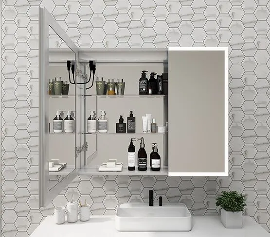 bathroom cabinet with inside mirrors