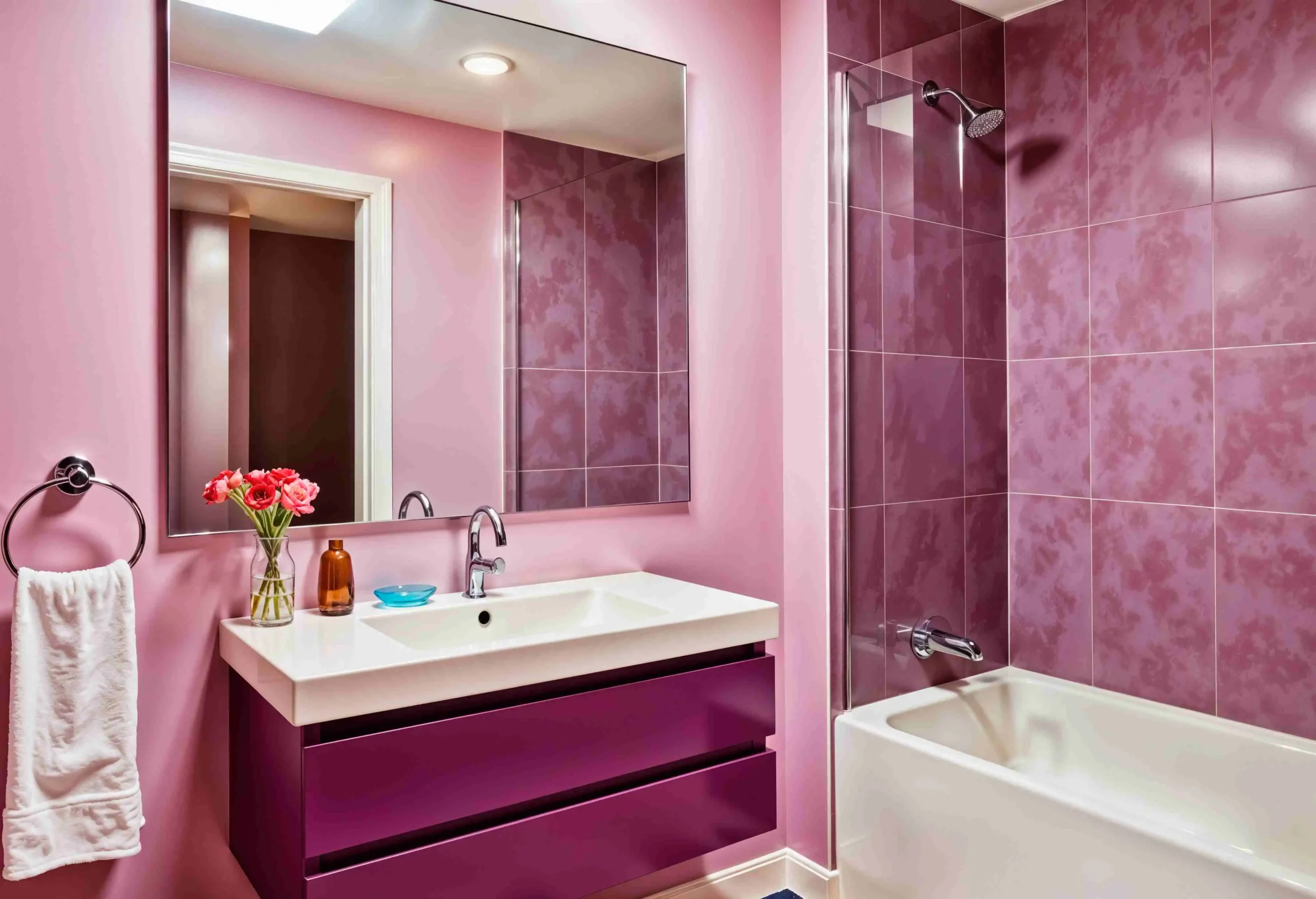 pink-purple-bathroom-design mirror cabinet