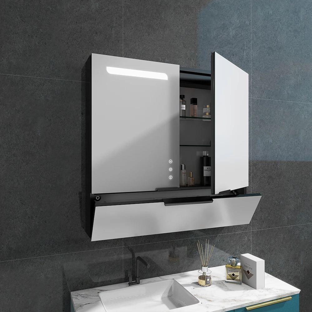 Double Doors Mirror Cabinet with Touch Controls and Flip-Down Storage