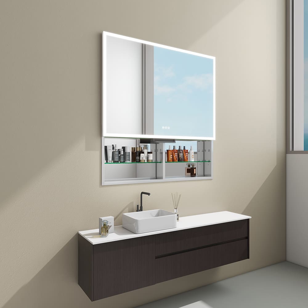 Modern Single Door Mirror Cabinet with Touch Sensor Lift-Up Door
