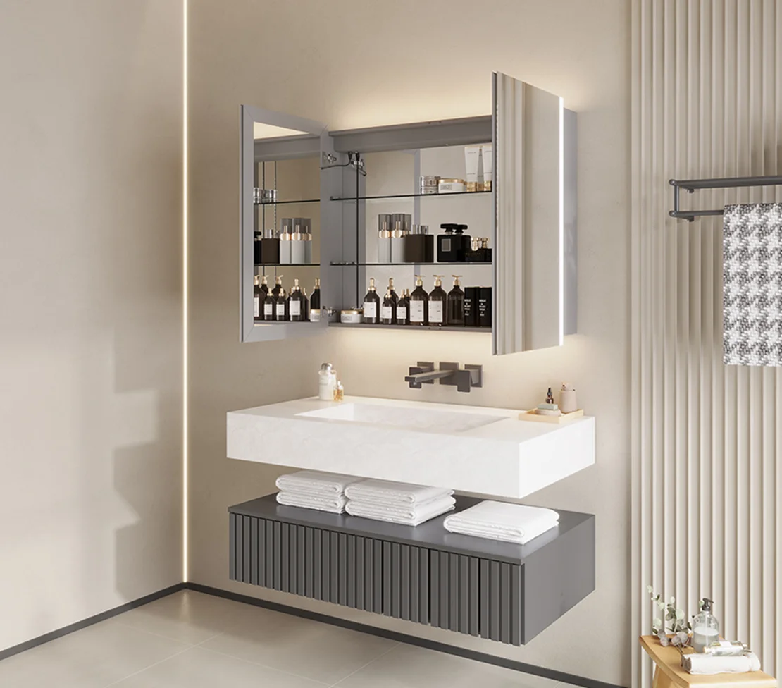 2 Doors Mirror Cabinet With Light At Left and Right Sides 952-3